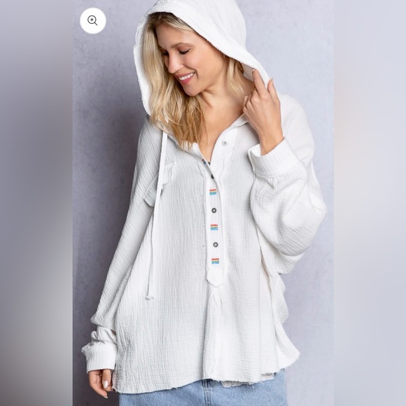 Tops - POL Those Girls Half Button Embroidered Gauze Hoodie Top